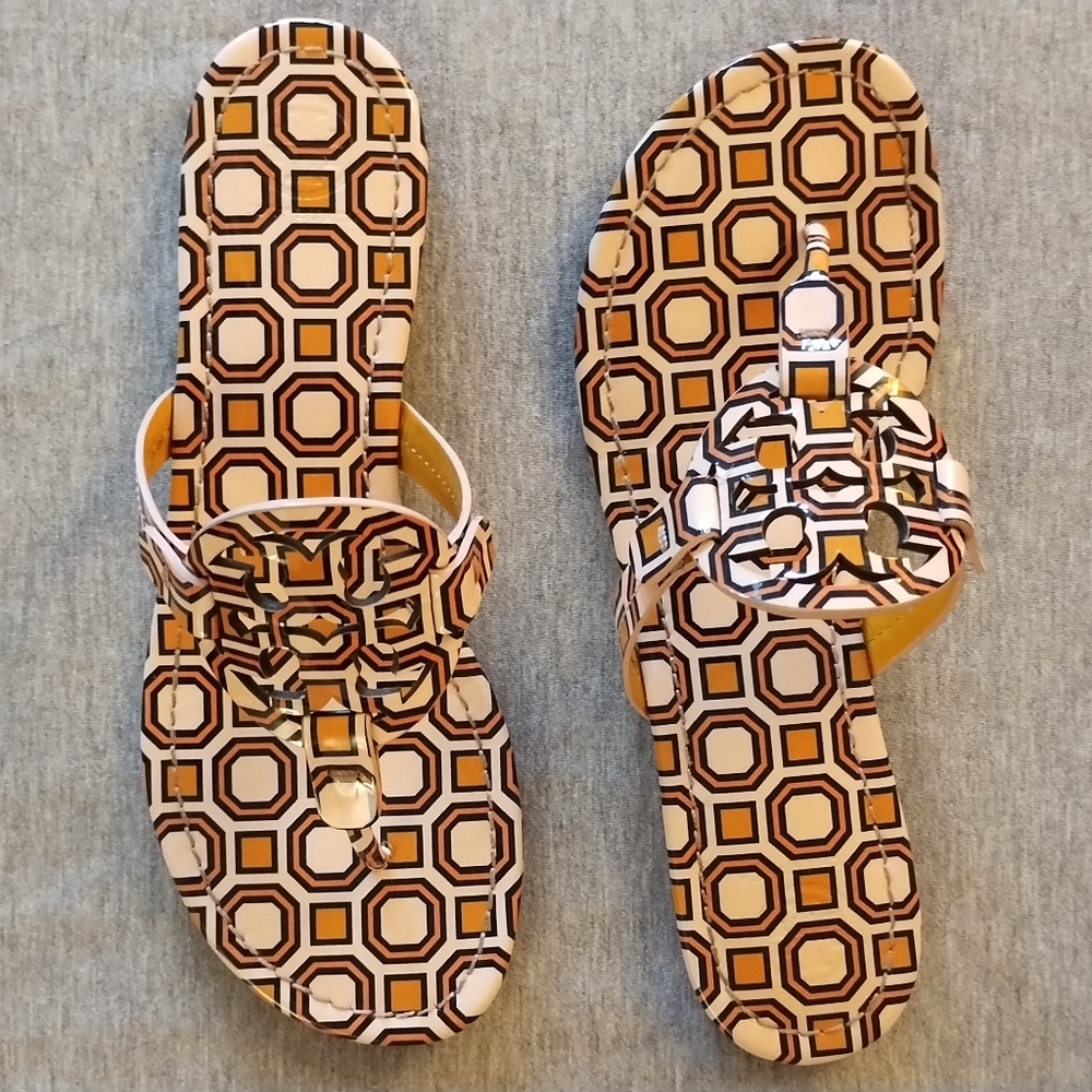 Tory Burch Miller Printed Patent Leather Sandals Ballet Pink Octagon Square Sz 8 - Picture 4 of 16